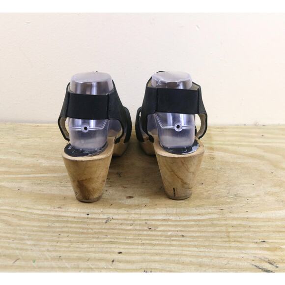 Moheda Sweden Victoria Clogs 8.5 Black Leather Wooden Peep Toe Heeled Sandals - Picture 4 of 11